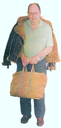 W/O J.R. Bristow reunited with his wartime Irvin jacket and parachute bag, July 2002