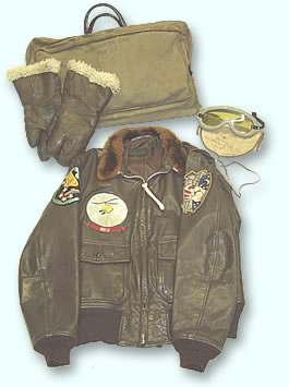 Leather items - USAAF Map Case, Gunner's Gloves, Polaroid Flight Goggles and USN G-1 Flying Jacket