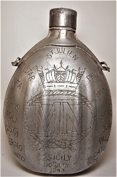 WWII Merchant Navy Trench Art Water Bottle 'Operation Husky' and 'Pachino Day' - Click for the bigger picture